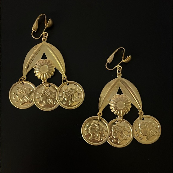 Vintage Etruscan Gold Ancient Coin Chandelier Drop Clip Ons Earrings - Picture 5 of 10